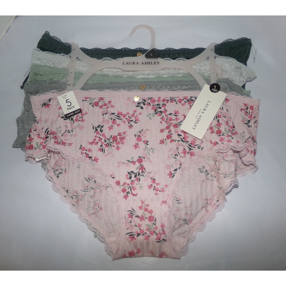 Laura Ashley 5 Pack Super Soft Ribbed Lace Trim Hipster Panties Floral Green L